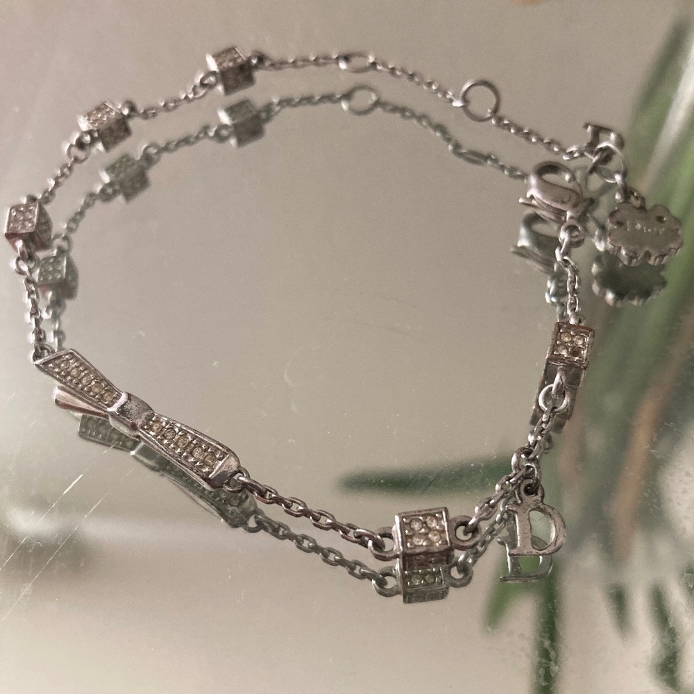 *Rare Vintage* Christian Dior silver bracelet with crystal bow and cube charms